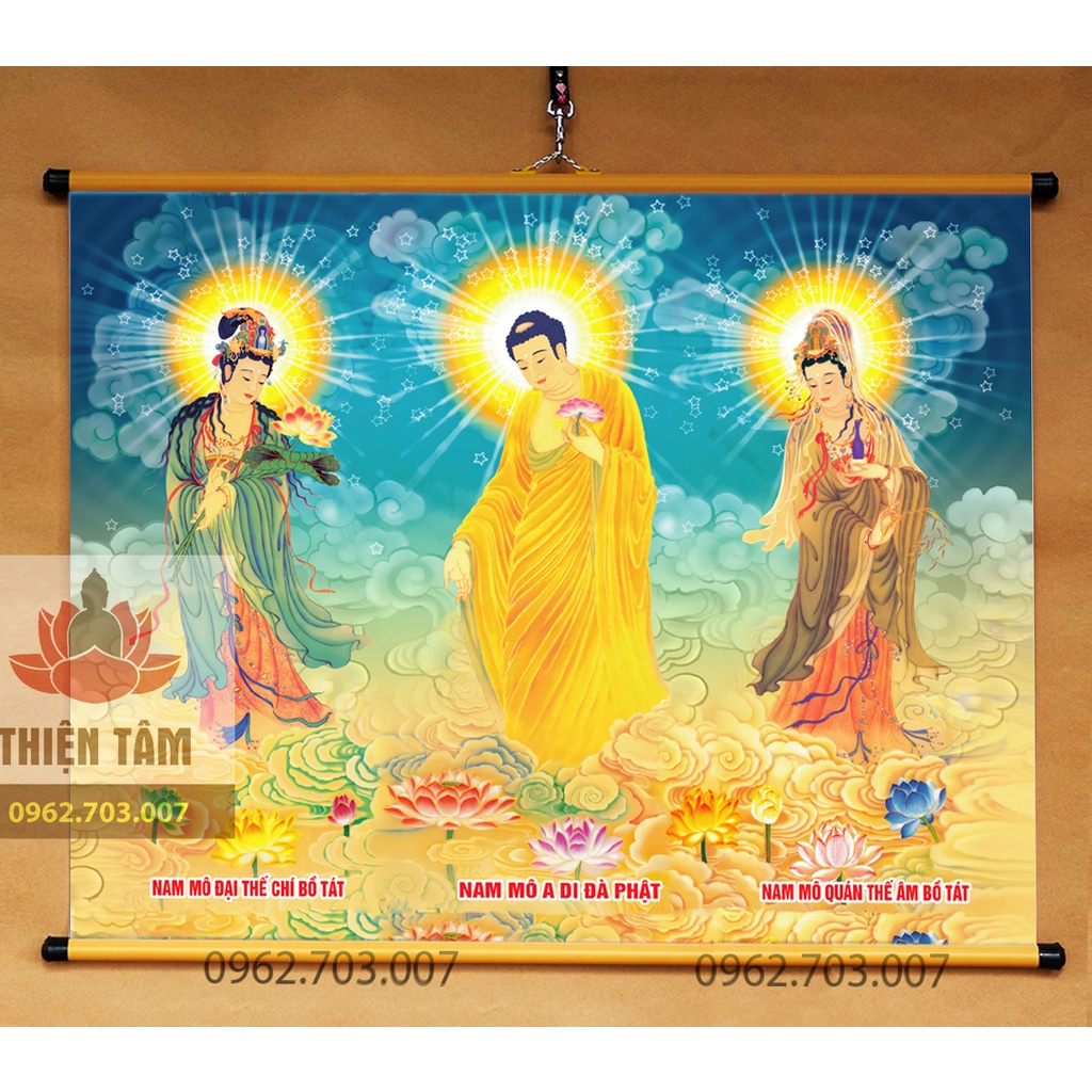Tranh Tây Phương Tam Thánh treo tường khổ lớn 70x55cm bằng vải phủ bóng cao cấp dày dặn