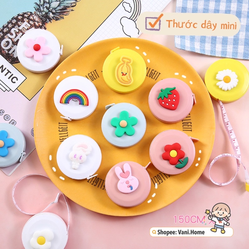 Thước dây mini hoạt hình dễ thương hộp TRÒN style Hàn Quốc - Thước đo quần áo, đo eo 1,5M có thể thu gọn tiện lợi