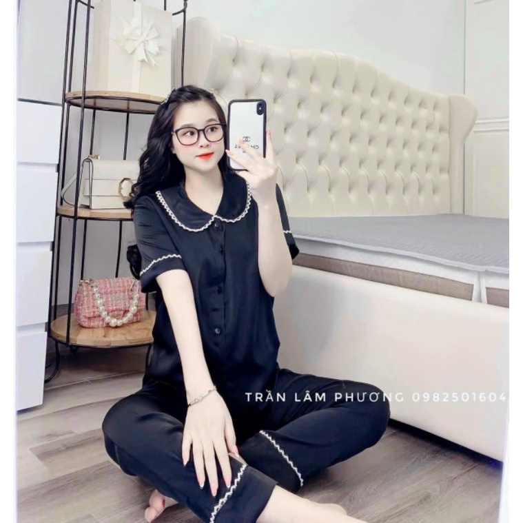 Bộ Pyjama Tay Cộc Quần Dài Viền Ren - Hàng thiết kế có size