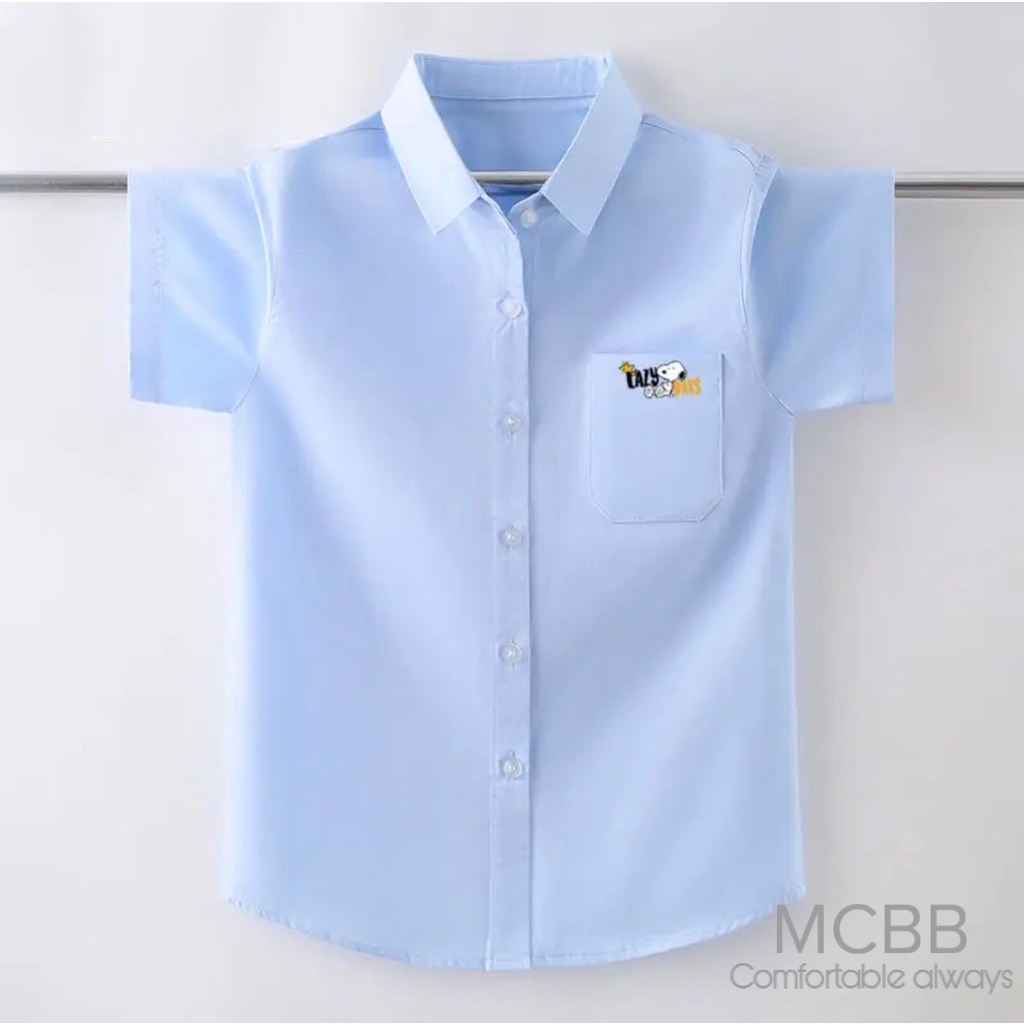 MCBB - 24-48 Kg Vải Cotton Áo Sơ Mi Tay Ngắn Bé Trai Áo Sơ Mi Bé Trai Cộc Trắng Xanh Nhạt Áo Trẻ Em Từ 1 Đến 16 Tuổi Nam