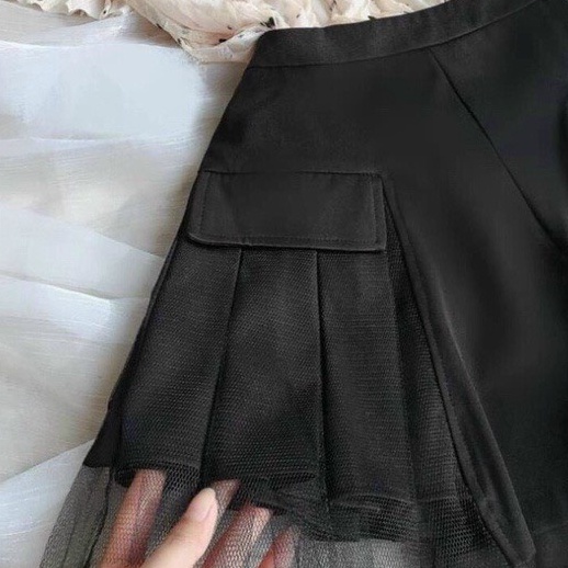 Chân Váy Xếp Li Phối Lưới Tuyết Mưa 2 Màu Đen Trắng May Kèm Quần Trong-Thời Trang-Tôn Dáng-Cao Cấp