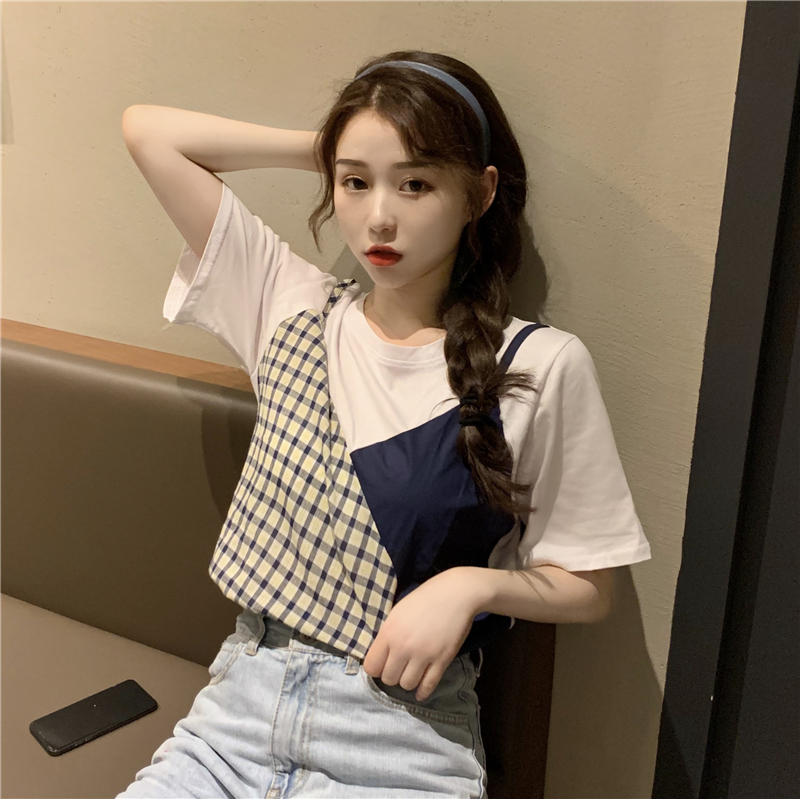 Áo Thun Ngắn Tay Phối Áo Ca Rô Trẻ Trung Dành Cho Nữ