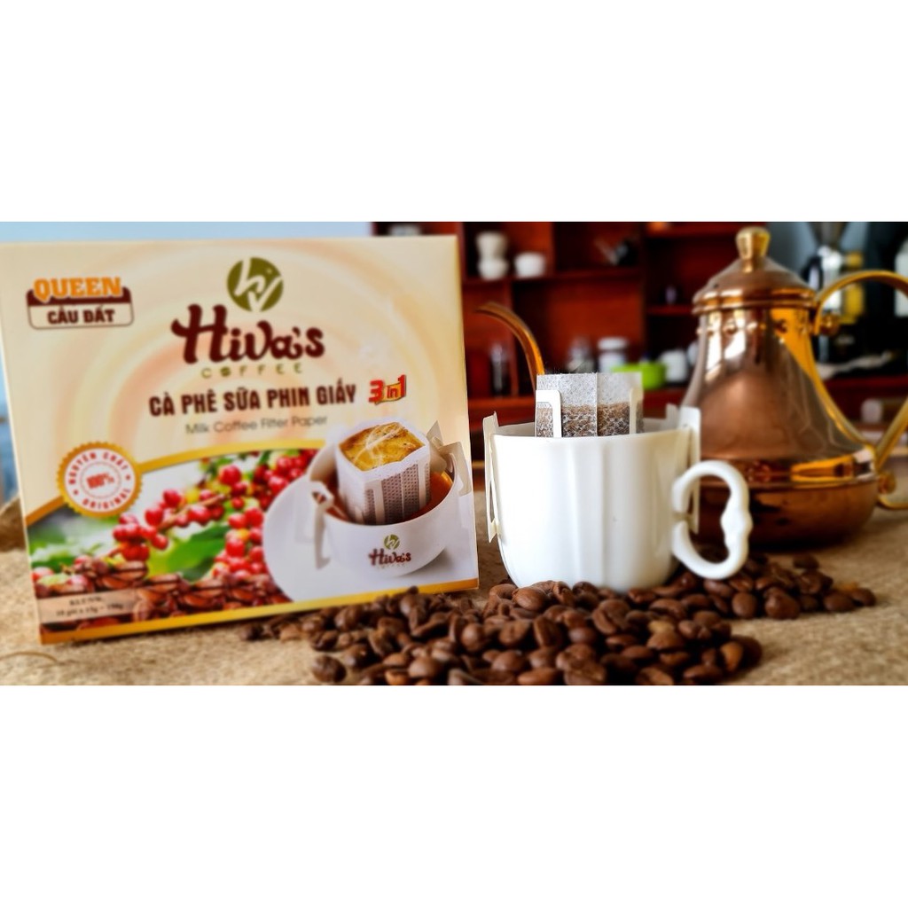 HỘP 10 Gói CÀ PHÊ SỮA PHIN GIẤY 3 In 1 QUEEN CẦU ĐẤT HIVA'S COFFEE