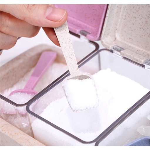 Set 4 Hũ Đựng Gia Vị Đẹp Có Kèm Thìa, muỗng Nhựa lúa mạch - Lọ Đựng gia vị nhà bếp thông minh