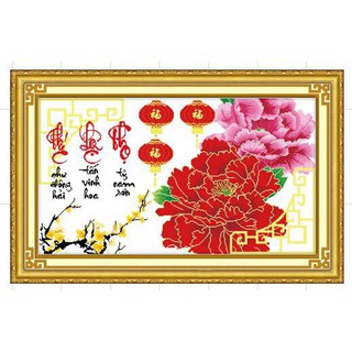 Tranh thêu chữ thập Phúc lộc thọ - Cành mai mẫu đơn < 222751 > chưa thêu