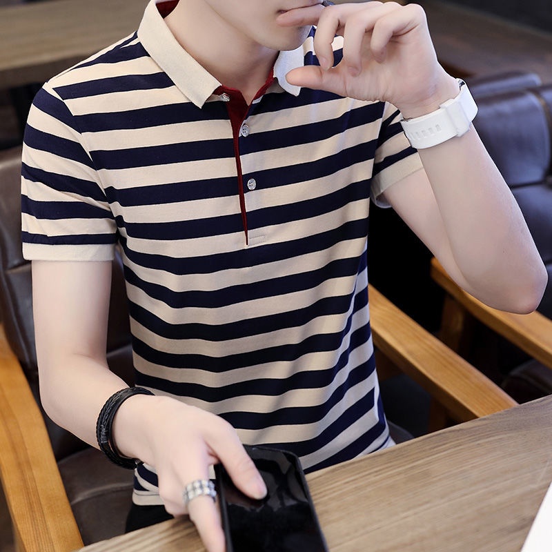 Áo Thun Polo Kẻ Sọc Màu Khối Ôm Dáng Phong Cách Hàn Quốc Thời Trang Mùa Hè Cho Nam