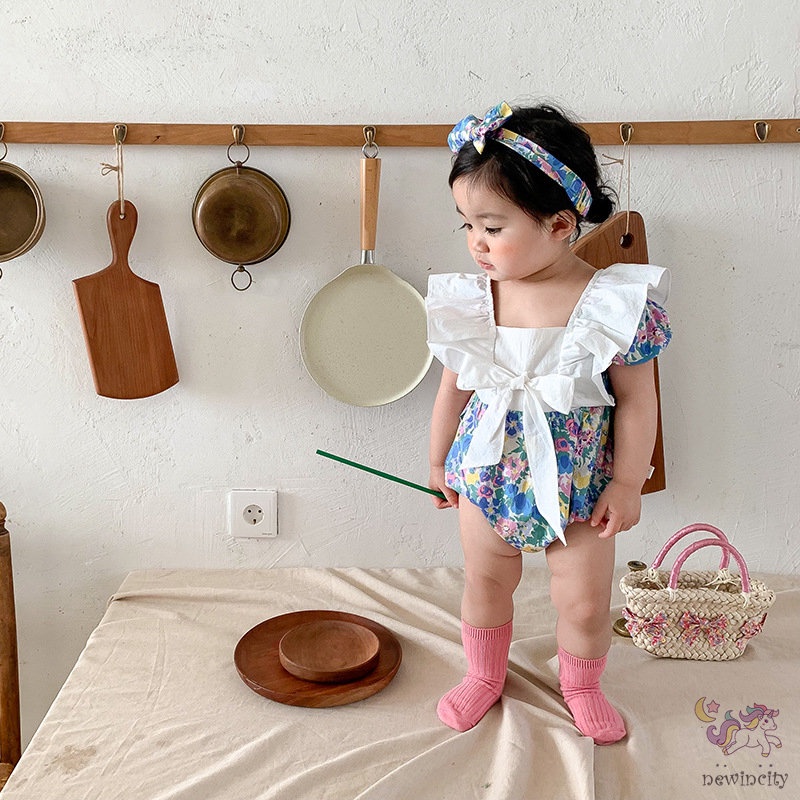 Bộ Áo Liền Quần Tay Ngắn Cổ Búp Bê Phối Bèo In Hoa Dễ Thương Phong Cách Hàn Quốc Cho Bé Gái