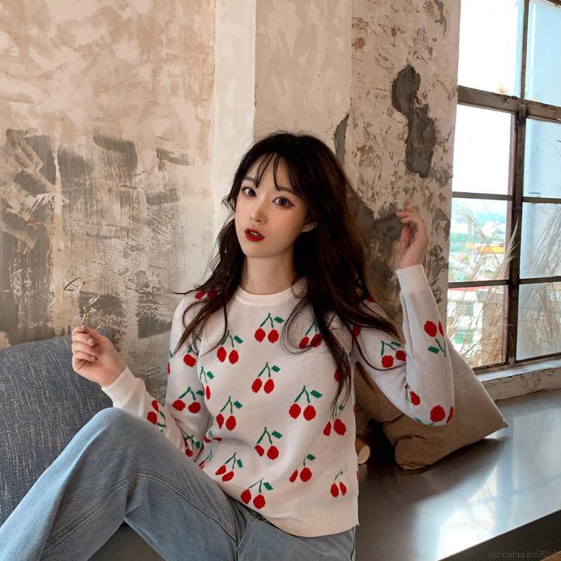 Women Autumn Knit Wool Clothing Cartoon Cherry Print Slim Long Sleeved Round Collar Slim Bottom Knit Sweater | BigBuy360 - bigbuy360.vn