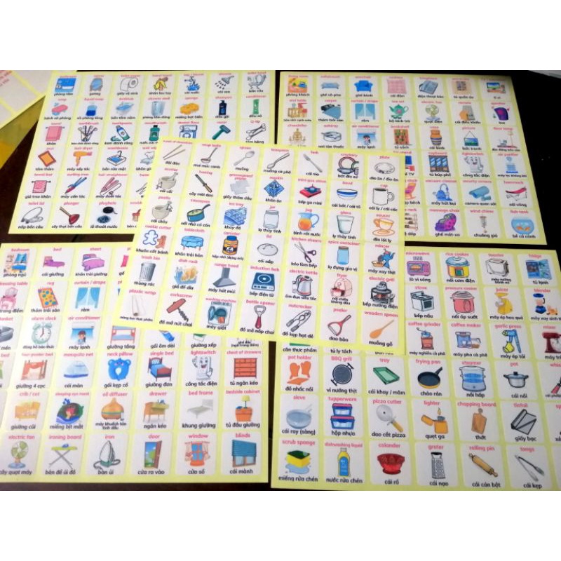 🔥42 miếng dán stickers từ vựng tiếng Anh chủ đề CÁC ĐỒ VẬT TRONG GIA ĐÌNH - 42 Eng/Vi vocabulary stickers topic THINGS A
