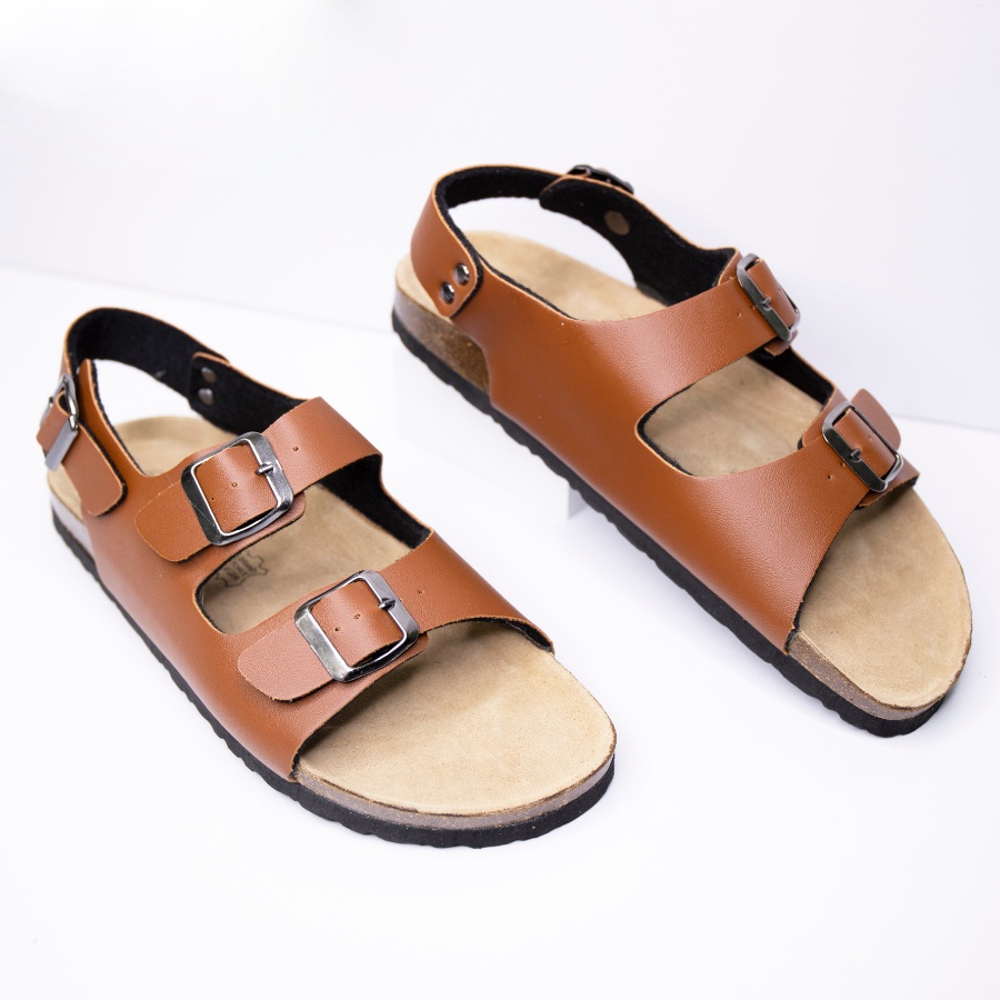 Giày Sandal unisex 2 Khóa HUUCUONG Quai Pu Màu Nâu Đế Trấu Handmade