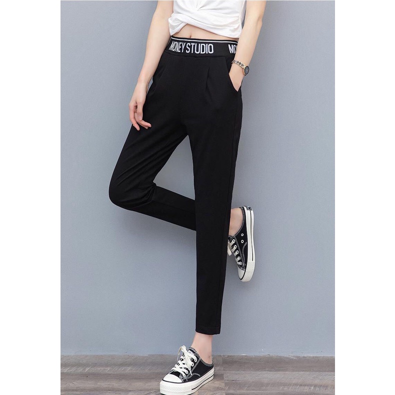 Quần Harem Ống Rộng Lưng Thun Màu Đen In Chữ Đơn Giản Thời Trang Cho Nữ 40-77KG C8432