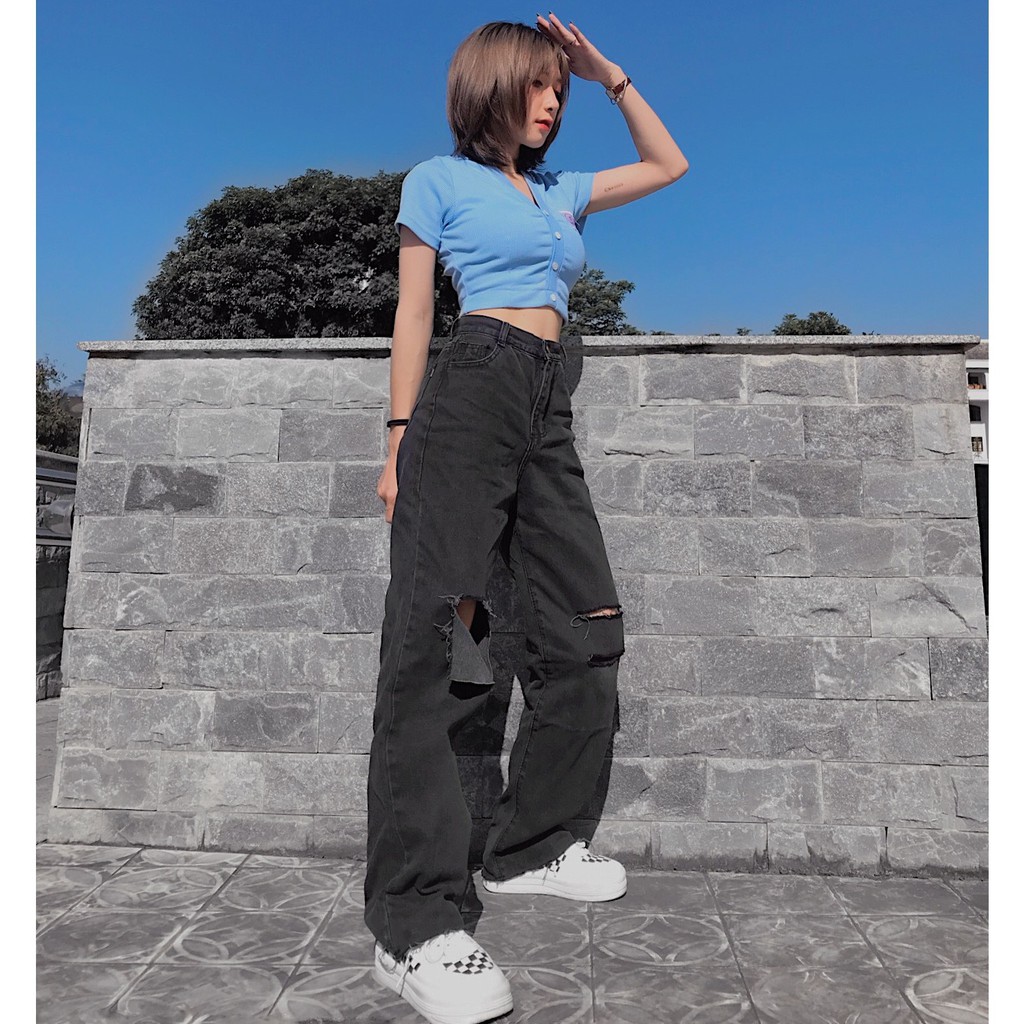 Quần Jean Nữ Lưng Cao Dáng Suông COL Rách Gối Phong Cách Ulzzang - Tuni Store