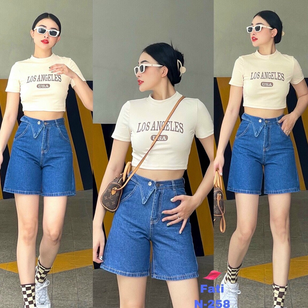 Quần short jean nữ JL JohnsonLi, jean co giãn, 2 màu, phối túi trước cá tính JL001