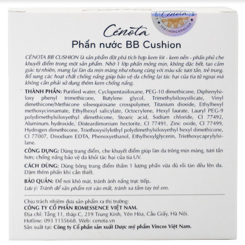 Phấn nước che khuyết điểm, kiềm dầu Cenota BB Cushion 10g