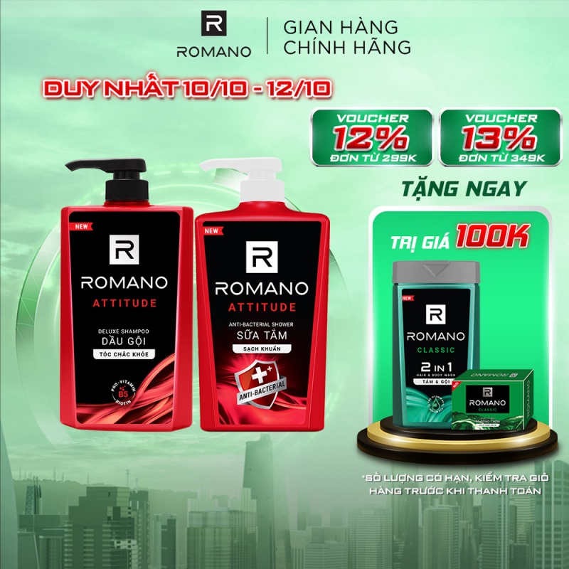 Combo Dầu gội và Sữa tắm sạch khuẩn Romano Attitude 650g/chai
