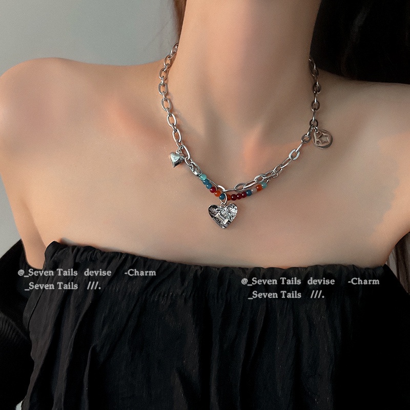 Vòng Cổ Choker Xương Quai Xanh Đính Hạt Hình Trái Tim Nhiều Màu Sắc Y2K Dành Cho Nữ