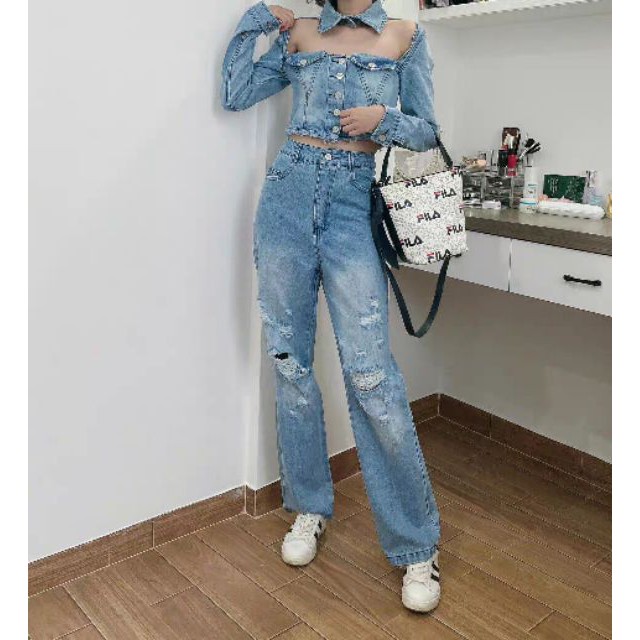 Set đồ jeans Lisa Thanh xuân có bạn 2 - Áo sơ mi cắt kiểu- Quần dài rách gối năng động