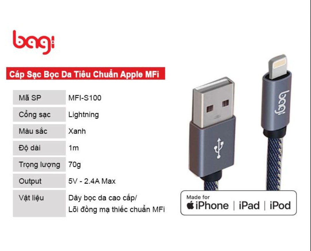 Cáp sạc iPhone Lightning Bagi MFI-S100 Chính Hãng