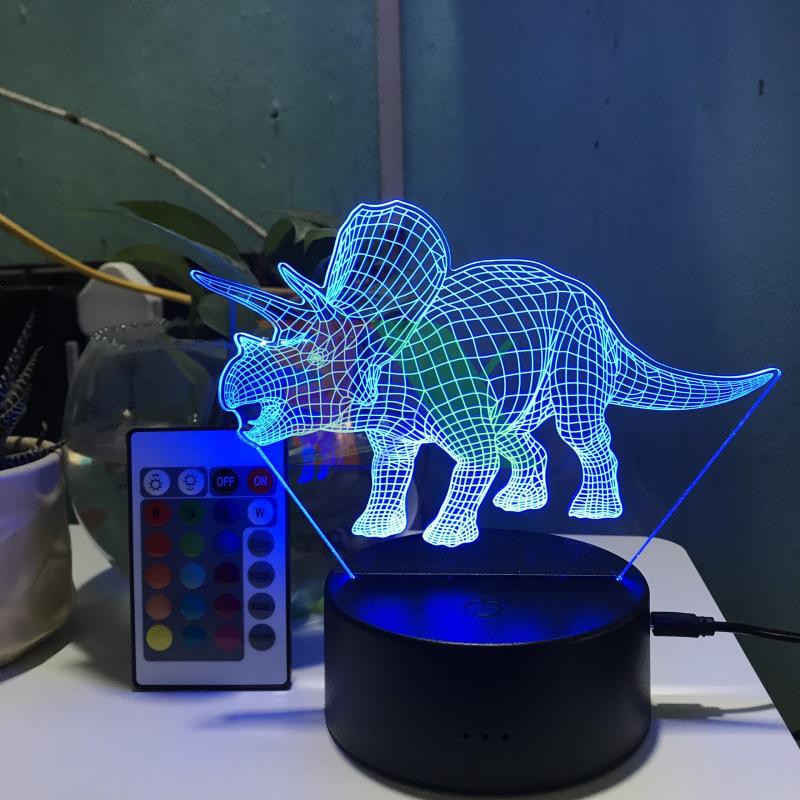 Đèn ngủ, Đèn trang trí Led 3D, Đèn ngủ 16 màu mini có điều khiển hình Khủng Long Triceratops