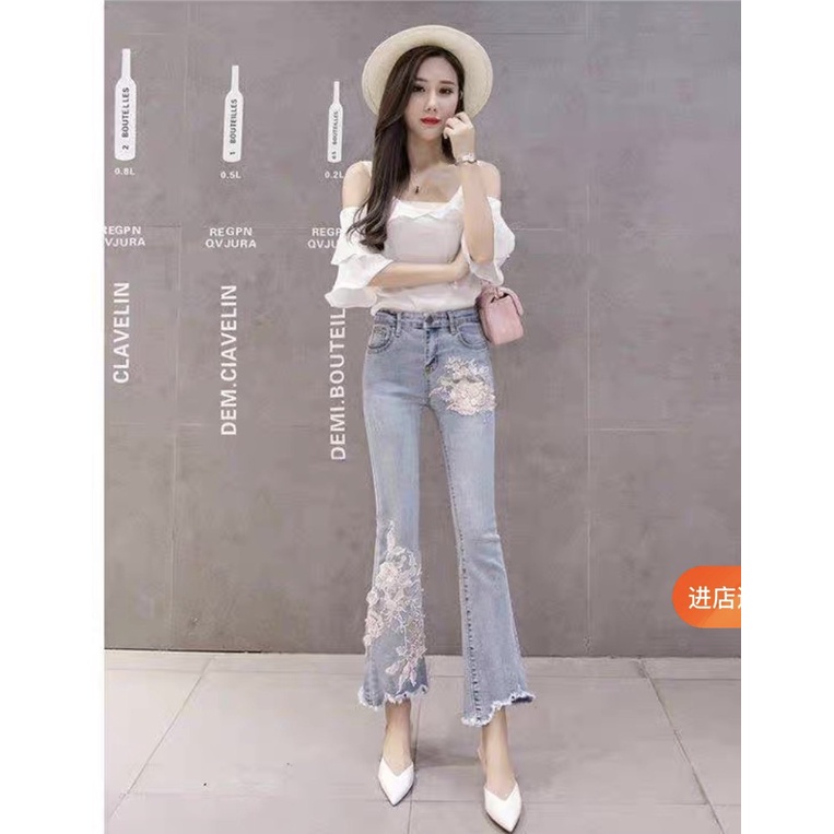 CÓ CLIP Quần jeans ống loe lưng cao đính hoa CAO CẤP- Shop Trang Quãng Châu