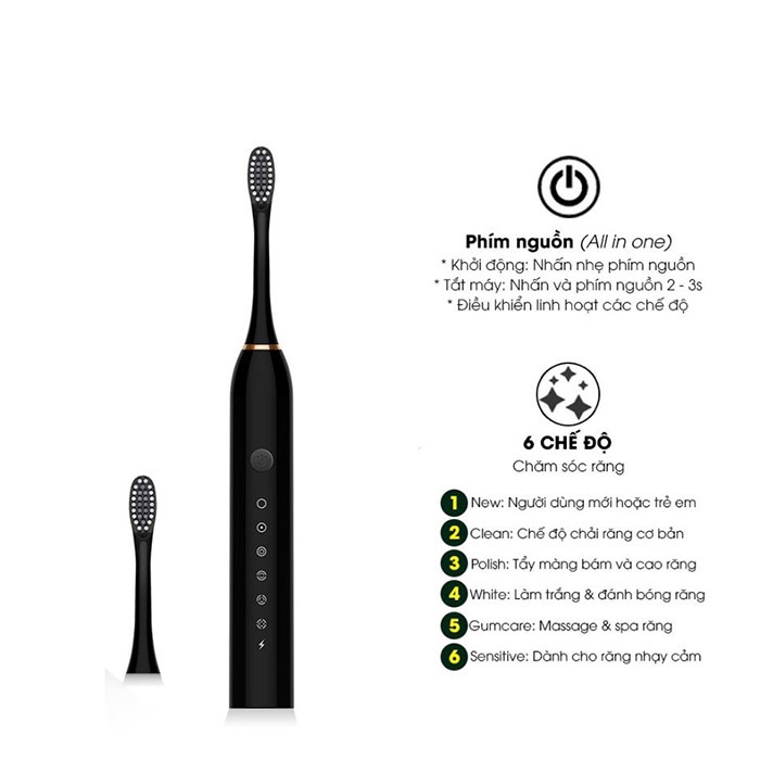 Bàn chải điện Sonic X3 đánh răng tự động với lông chải mềm mịn, chống nước tuyệt đối dành cho người lớn và trẻ em