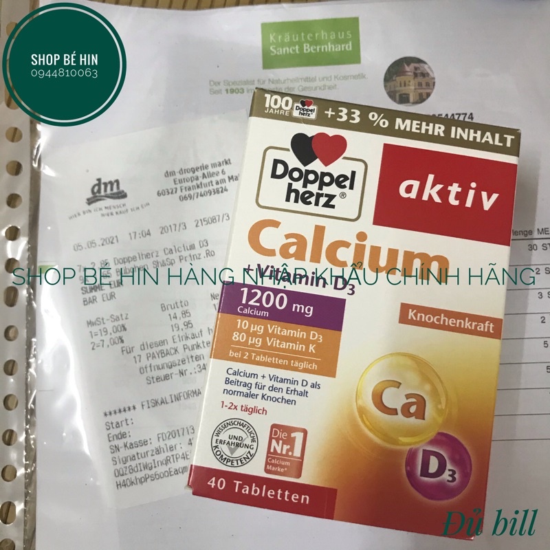 (Bill Đức, 30/40 viên) Viên uống bổ sung Canxi Doppelherz Calcium Vitamin D3 1200mg, hàng Đức, Shop Bé Hin