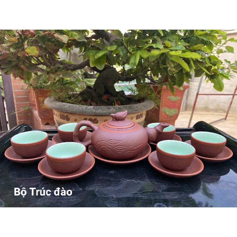Bộ ấm chén gốm dáng Trúc đào Bát Tràng cao cấp (2 màu Nâu, Xanh trầm) - Ấm chén tử sa đất nung Bát Tràng