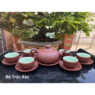 Bộ ấm chén gốm dáng Trúc đào Bát Tràng cao cấp - Ấm chén tử sa đất nung Bát Tràng