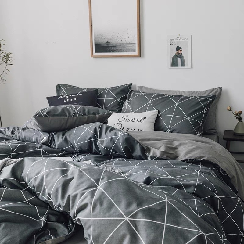 Set Chăn Ga Kẻ Chéo Bàn Cờ Xám Cotton Living Thoáng Mát Bền Đẹp (Shinbedding_store)