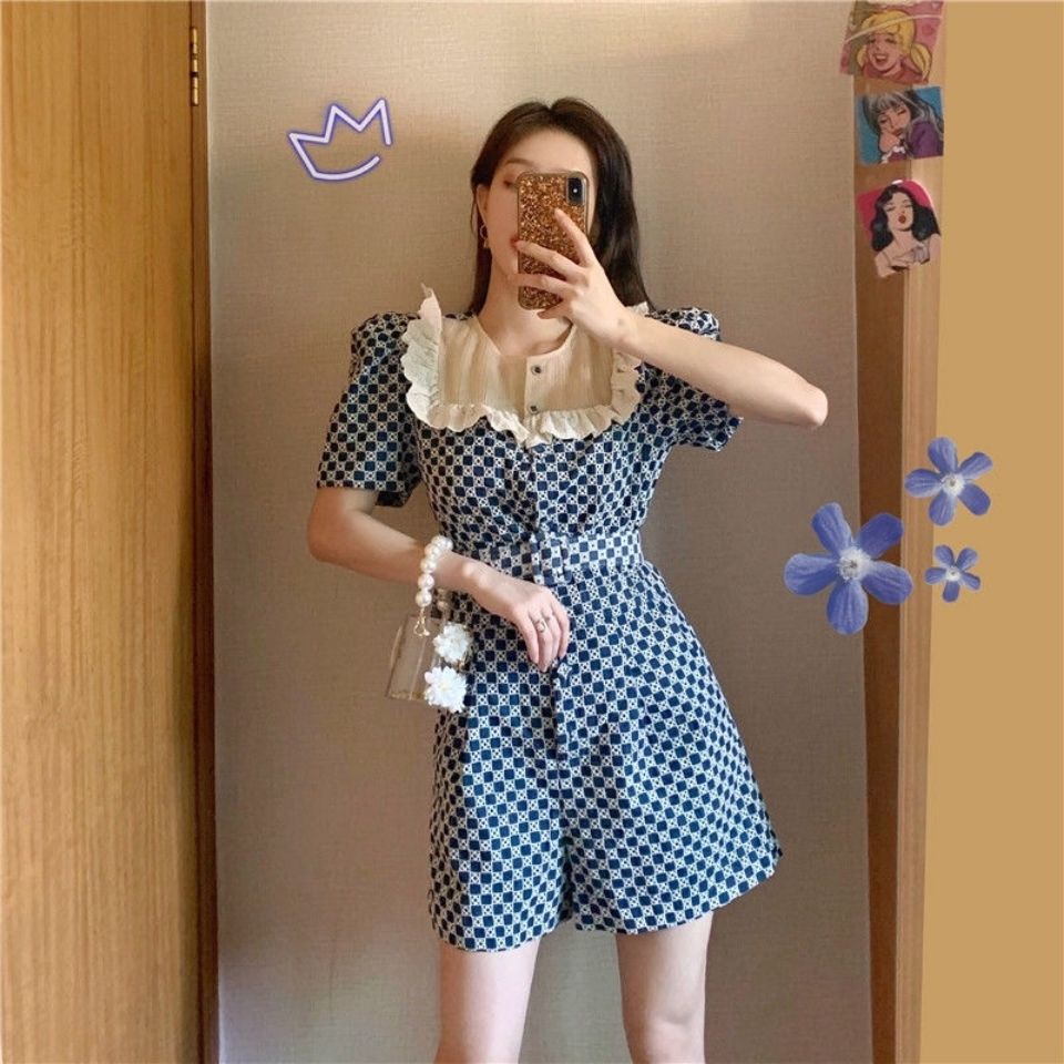 Jumpsuit Ngắn Họa Tiết Sọc Caro Phong Cách Retro Pháp Thời Trang Mùa Hè Cho Nữ