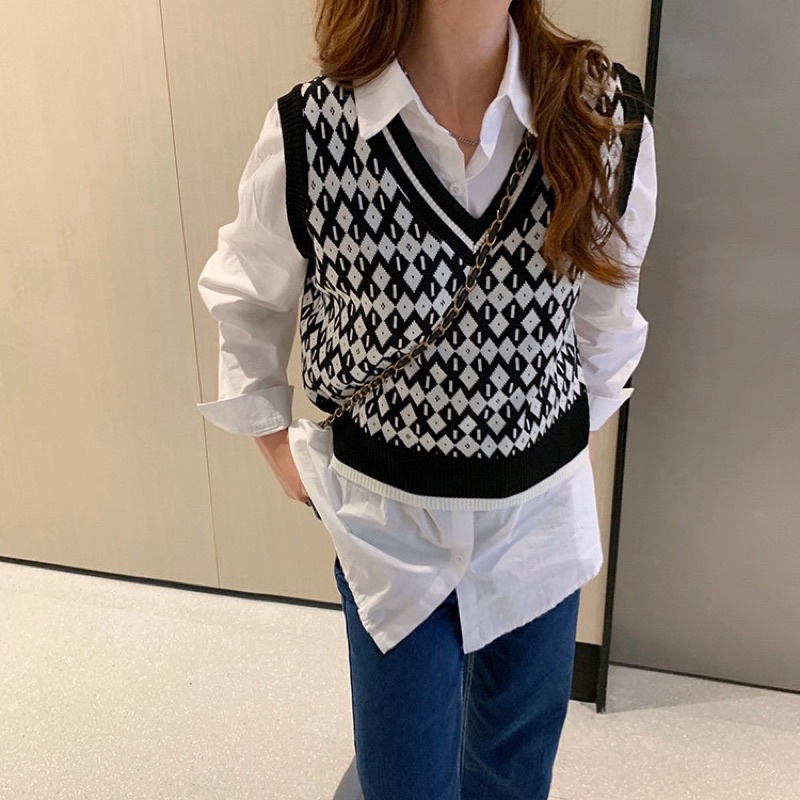 Áo Gile Kẻ Caro Ulzzang, Áo Len Nữ Thu Đông Oversize Form Rộng Họa Tiết Thổ Cẩm Phong Cách Hàn Quốc
