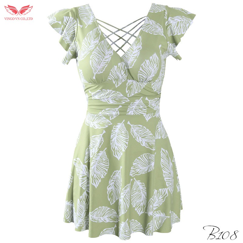 VINGO Bộ Đồ Bơi Bikini Nữ Trơn Liền Thân Váy Xòe Dây Đan Lưng Đi Họa Tiết Lá Đi Biển Mùa Hè Kín Đáo Thanh Lịch B108 VNGO | BigBuy360 - bigbuy360.vn