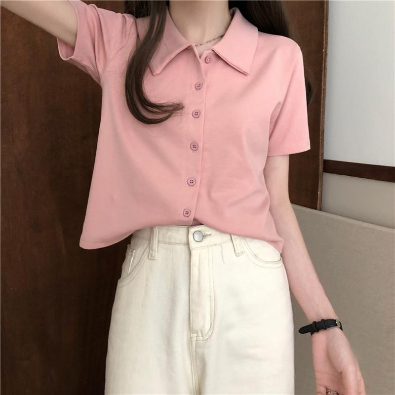 A036 Áo thun polo nữ dáng ngắn cộc tay cổ bẻ cài cúc Phông ngắn tay hè thu năng động Ulzzang trẻ trung đi học đi chơi