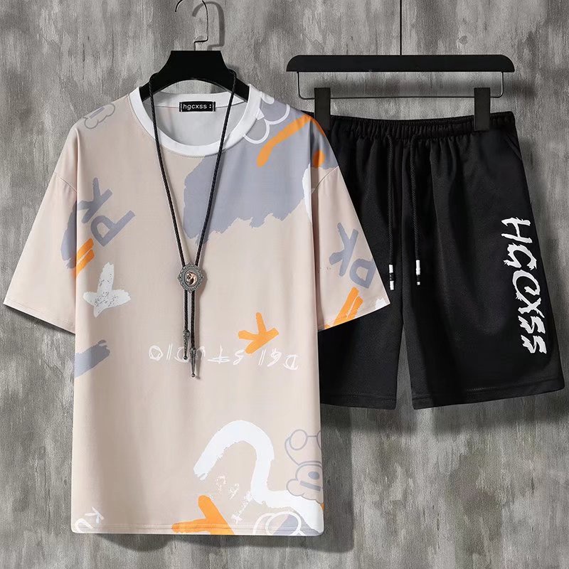 Round Neck Short Sleeve T-shirt Set + Men's Fashion Shorts Summer Suit Korean Cartoon Print Design Casual