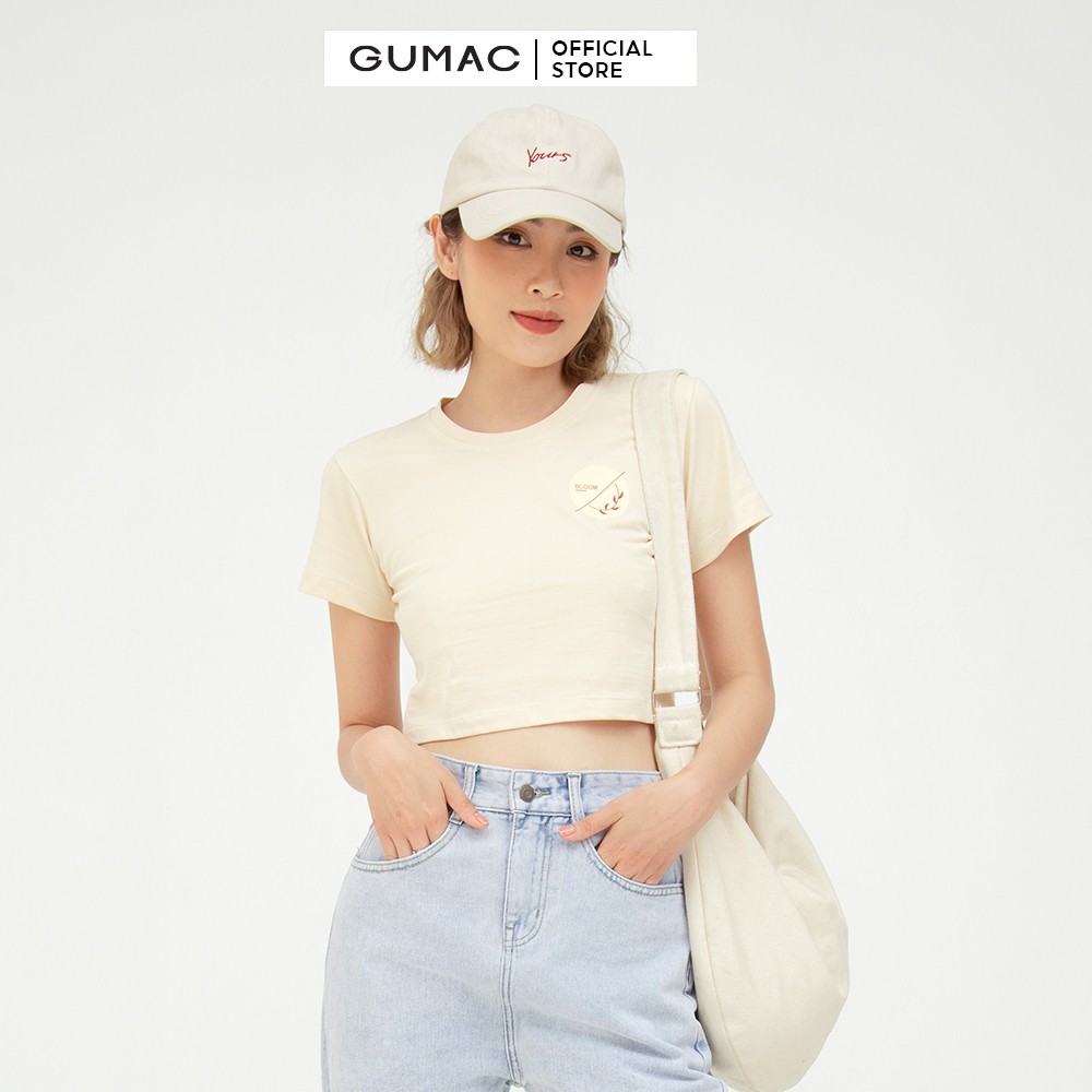 [Mã WABRGM11 giảm 10% đơn 250K] Áo croptop nữ in Bloom GUMAC màu be ôm body ATB547 | BigBuy360 - bigbuy360.vn