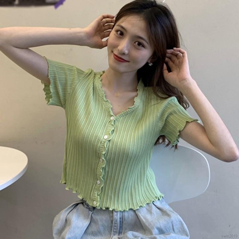 Áo cardigan ngắn tay cổ chữ v phối nút thời trang dành cho nữ