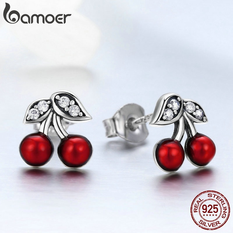 Đôi bông tai BAMOER SCE404 bằng bạc 925 tạo hình trái anh đào mùa hè nạm đá đỏ CZ dành cho làm quà tặng cho nữ