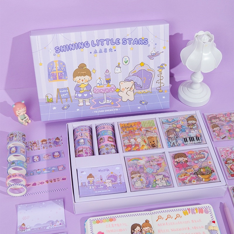 🌸Hộp quà tặng 100 tấm sticker, giấy note, băng dính washi trang trí sổ bìa sách dễ thương🌸
