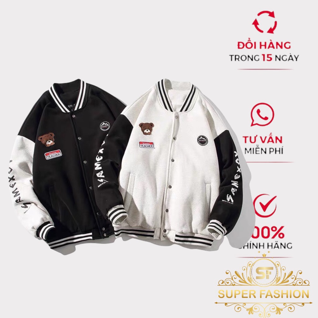 Áo Khoác Nỉ Ngoại Nam Kiểu Dáng Bomber Thiêu Họa Tiết Gấu Thời Trang Super Fashion