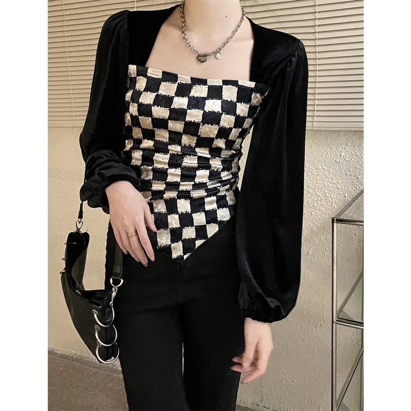 Áo kiểu tay phồng dài cổ vuông họa tiết sọc caro thời trang Hàn Quốc