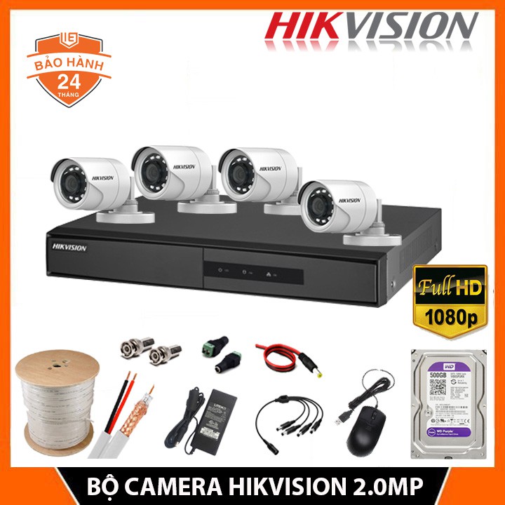 [Bộ 1-4 2MP]Trọn Bộ Camera Hikvision 2MP Full 1080P - Hàng chính hãng (Đủ phụ kiện lắp đặt)