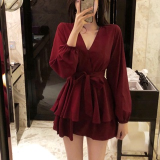 Đầm đỏ đô tầng tay dài (kèm hình thật)