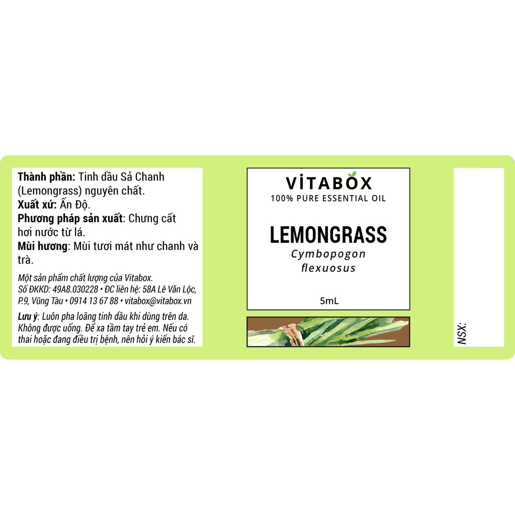 Tinh dầu Sả Chanh Lemongrass VITABOX - 100% thiên nhiên nguyên chất - pure essential oil