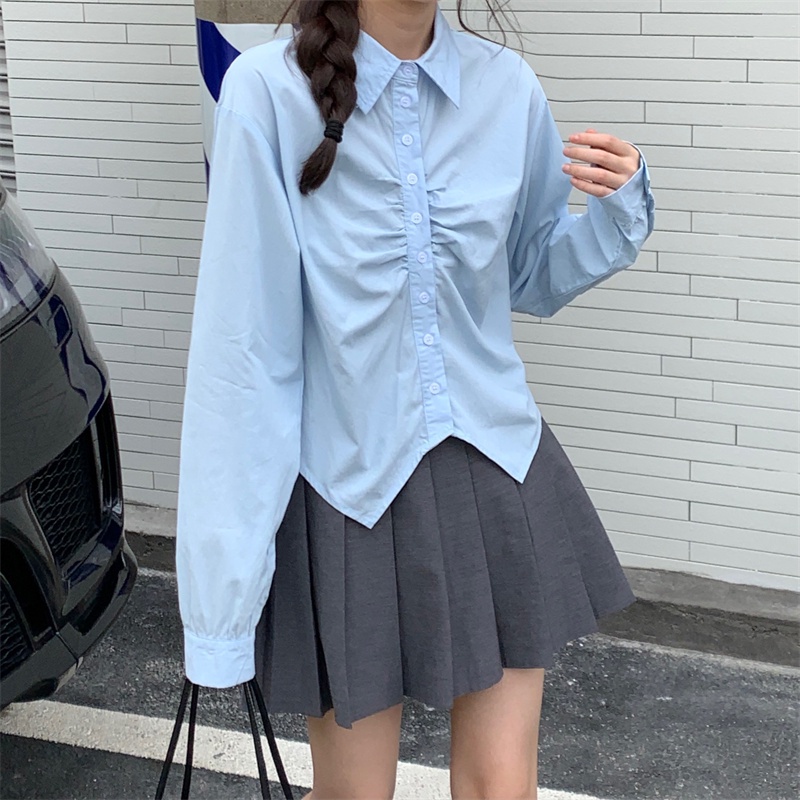 【ZHELIHANGFEI】Áo sơ mi không đều gấp tay dài kiểu dáng trường đại học eo cao