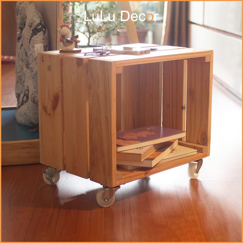 Hộp Gỗ Thông Pallet Đựng Sách, Đồ Dùng Cá Nhân – LuLu Decor, Kèm Bánh Xe Có Khóa Chống Trượt