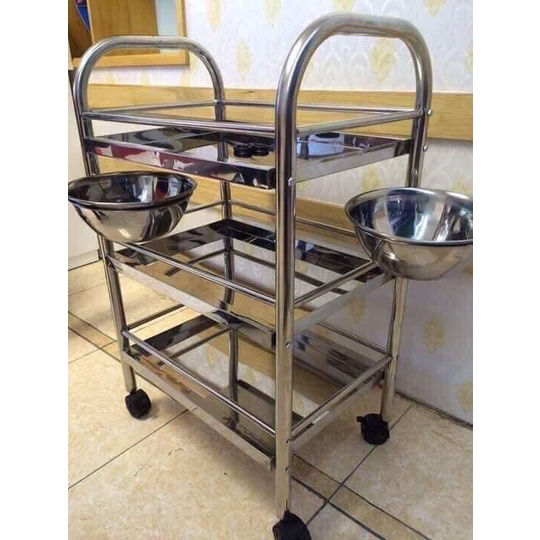 Xe đẩy inox 3 tầng có bát nước bền đẹp dùng trong spa