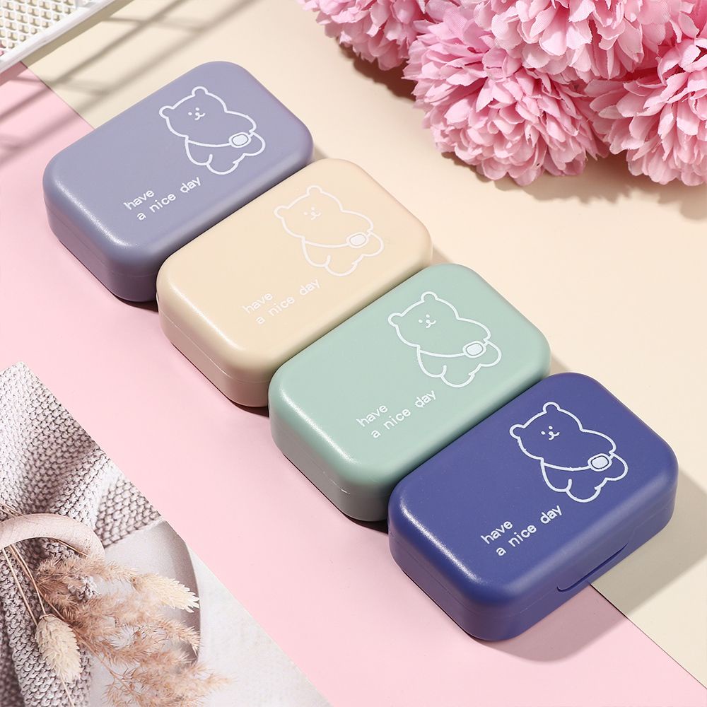 Unmegoni đựng kính áp tròng nhiều màu sắc hình gấu hoạt hình nhỏ dễ thương có gương mang theo khi đi du lịch