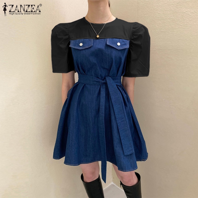 Zanzea Đầm Ngắn Tay Phồng Phối Màu Tương Phản Thời Trang Dành Cho Nữ