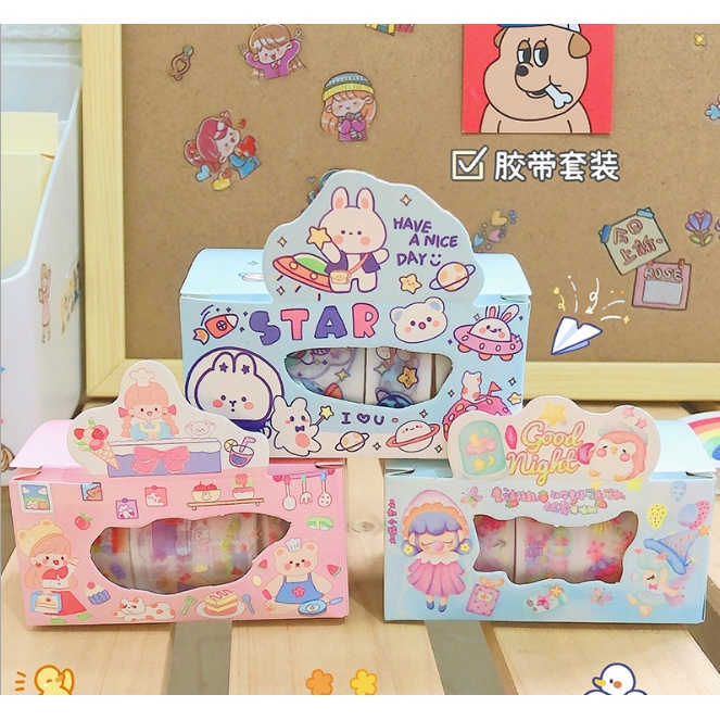 Hộp sticker cute washi tape băng keo trang trí sổ tay set 10 cuộn washi 10 sicker hình dán chống nước dễ thương