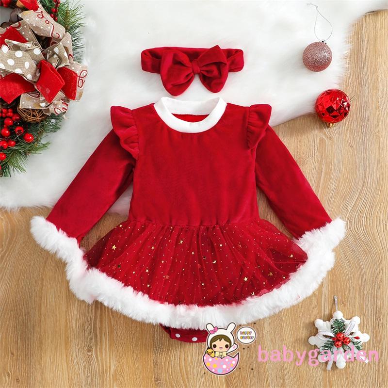 Bộ Áo Liền Quần Tay Dài + Băng Đô Cài Tóc Họa Tiết Giáng Sinh Thời Trang Cho Bé Gái 0-24 Tháng Tuổi